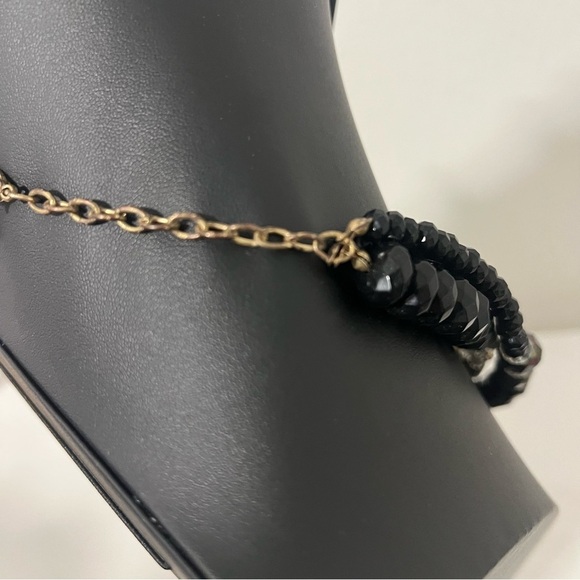 Vintage 3 Strand Necklace Gold Toned Smokey Rhinestones Clear & Black Beads - Picture 6 of 8